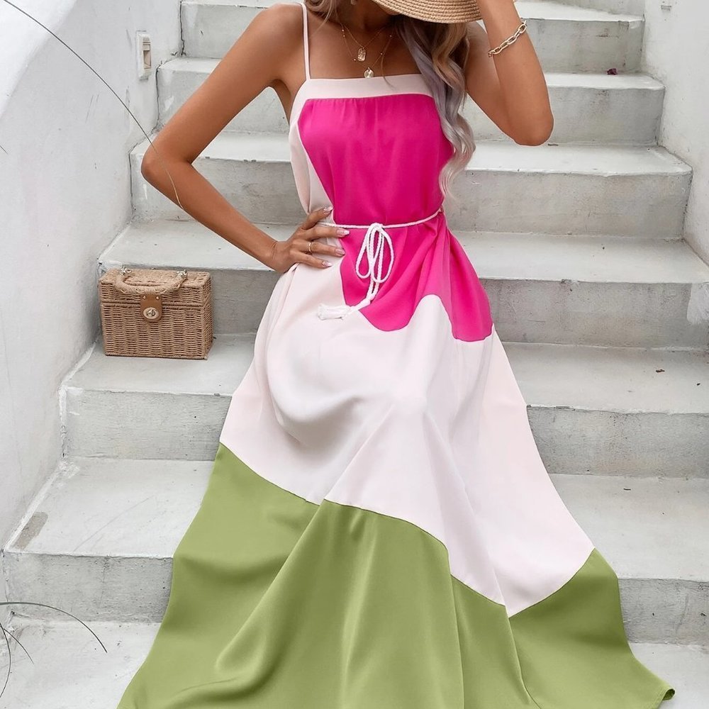 Multicolor Boho Womens Colorblock Tassel Belted Cami Dress - Picture 2 of 5